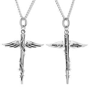 Collar cruzado médico de acero inoxidable para mujer - Proverbios 17:22 - Imagen 1 de 5
