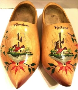 Holland Dutch Wooden Painted Clogs Windmills 10" long Flowers - Picture 1 of 10