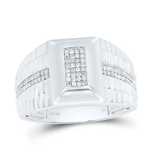 Sterling Silver Real Diamond Scalloped Oblong Domed Rectangle Pinky Ring 1/4 CT - Picture 1 of 1