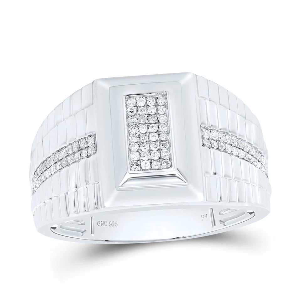 Sterling Silver Real Diamond Scalloped Oblong Domed Rectangle Pinky Ring 1/4 CT - Image 1 of 1