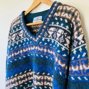 United Colors of Benetton M/L Sweater Shetland Wool Tan Fair Isle Knit Italy - Picture 1 of 9