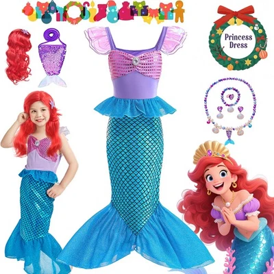 Girls Kids Mermaid Ariel Dress Accessories Outfit Princess Cosplay Party Costume - Image 1 of 4