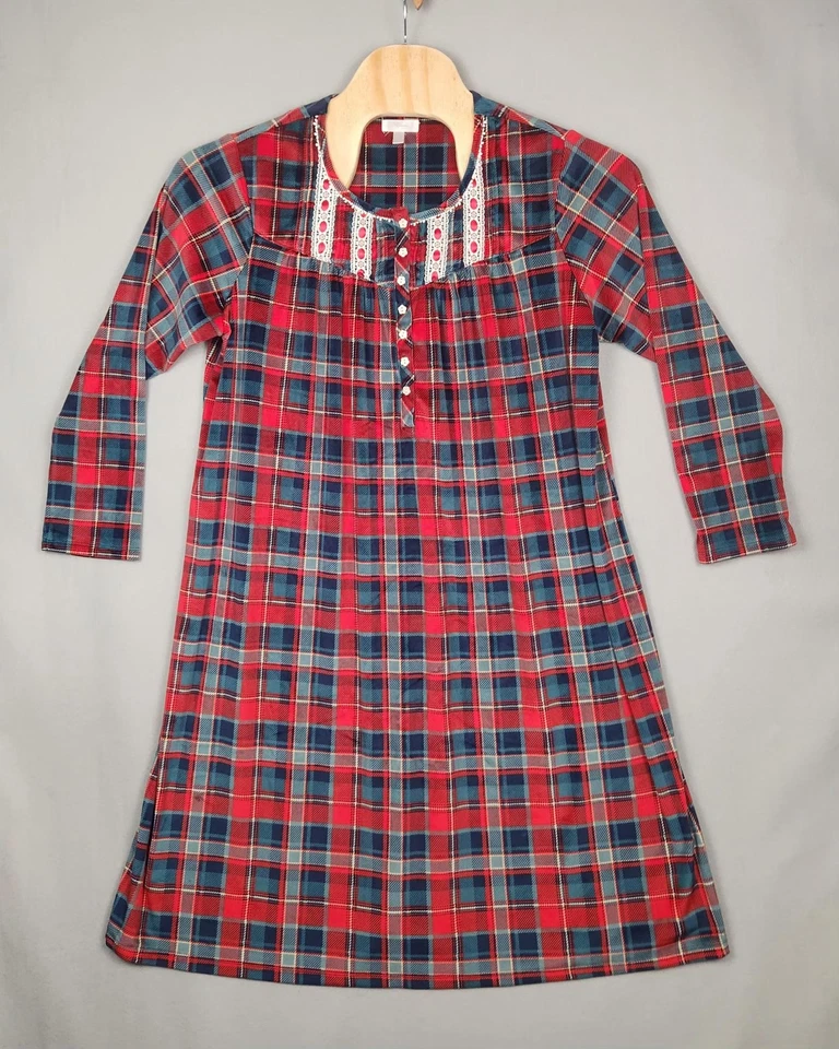 Vestido Secret Treasures para mujer 2X a cuadros rojo azul manga larga camisón túnica encaje Foto 1 de 4