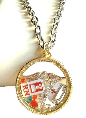 Nursing Memory Locket RN Caduceus Necklace 18" Gold Plated Graduation Gift  - Image 1 of 4