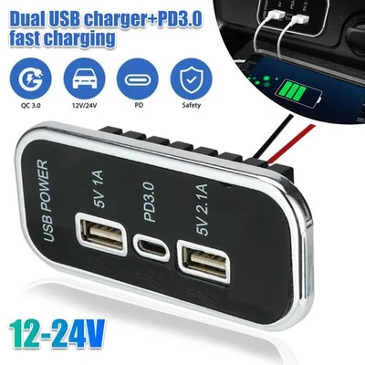 12V Auto Dual USB Typ C Ladegerät KFZ Buchse Licht Einbau Steckdose für Wohnwage - Bild 1 von 4