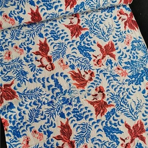 Chinese Block Print Hand Woven Fabric Block Print Goldfish Cotton Handmade Fabri - Picture 1 of 3