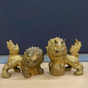 Vintage Pair Chinese Brass Feng Shui Foo Dog Guardian Lion Beast Statues 5” - Picture 1 of 9