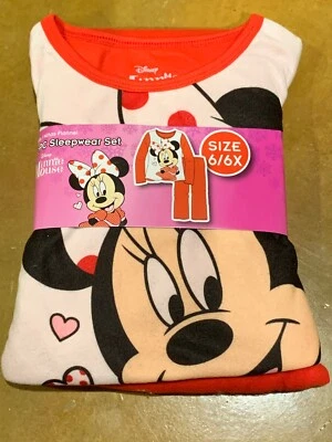迪士尼米妮老鼠女孩 2 件抓绒睡衣睡衣长袖 6/6X Pjs 全新 — 第 1/3 张图片