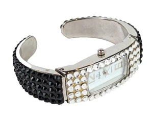 Jimmy Crystal Silver Tone Watch w SWOROVSKI Clear and Black Crystals NEW BATT - Picture 1 of 6