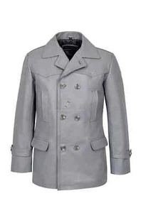 Men's Cowhide Real Leather Coat Grey WW2 Inspired Double Breasted Style Dr Who - Picture 1 of 11