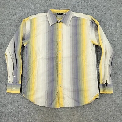 Sean John Button Shirt Men's Large Beige Gray Striped Collared Long Sleeve Adult - Image 1 of 4