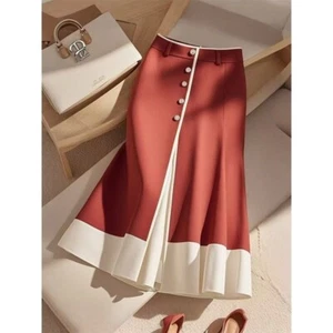 Womens A Line Design Mid Long Skirts High Waist Pleated Ladies OL Colorblock New - Picture 1 of 7