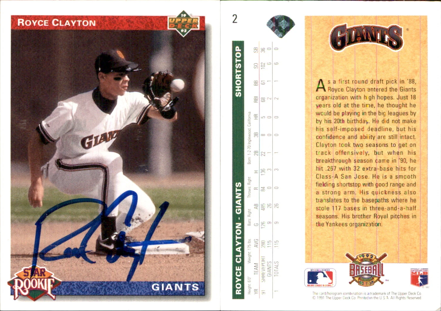 Royce Clayton Signed 1992 Upper Deck #2 Card San Francisco Giants Auto AU