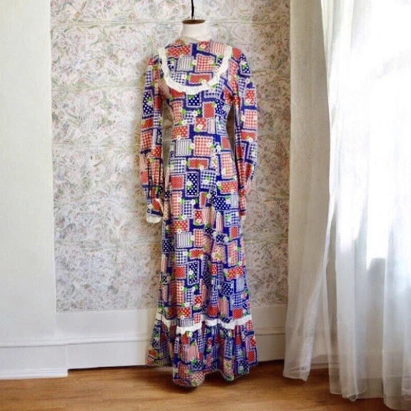 Vtg 70s Patchwork Maxi Dress Size Small Prairie Pioneer Hippie Daisy Lace Yoke - Image 1 of 4