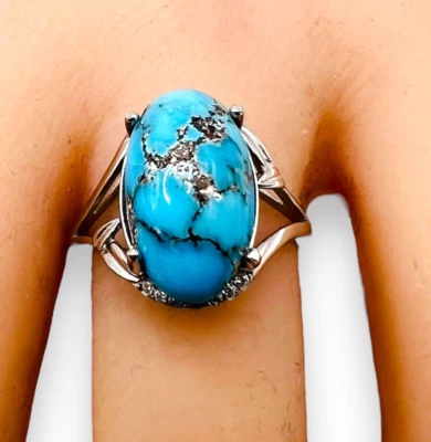 Natural Persian Blue Turquoise Oval 925 Sterling Silver Cocktail Ring 7.5 - Image 1 of 4