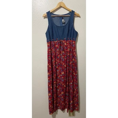 Vintage All That Jazz Women's Denim Floral Sleeveless Boho Dress Size 13/14 - Image 1 of 4