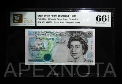 [PREFIJO A01] GRAN BRETAÑA £5 1990 P382 GEMA UNC 66 EPQ QEII FANCY HIGH SN 999270 Foto 1 de 2