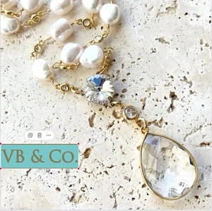 VB & Co Freshwater Pearls Teardrop Quartz Pendant Necklace Crystals - Picture 1 of 9
