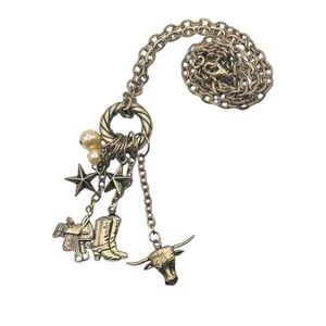 Vintage JJ Jonette 14K GP Southwestern Cowboy Cowgirl Ranch Charm Necklace - Picture 1 of 4