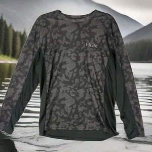 Huk Fishing Shirt Mens Medium Gray Long Sleeve Stretch Outdoors Camo - Picture 1 of 8