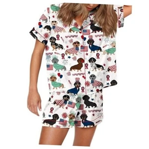Women Satin Silk Pajamas Set American Flag Print Button Down Short Small White - Picture 1 of 4