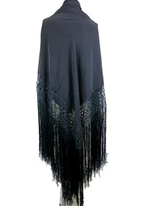 Antique 20s Black Silk Spanish Canton Style Shawl Stevie Flapper Gypsy Wicca - Picture 1 of 4