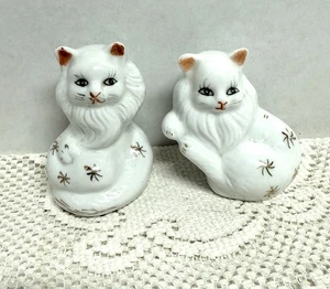 2 Vtg Porcelain Persian White Long-haired Cat Kittens Kitty Figurines Gold Stars - Picture 1 of 6