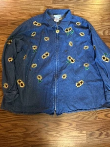Vintage Quacker Factory Denim Jean Sunflower Embroidered Jacket 3X Full Zip Farm - Picture 1 of 7