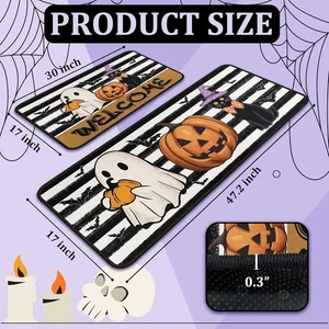 Halloween Kitchen Rug Mat Set Pumpkin Ghost Bat Black Cat Non Slip Seasonal - Picture 1 of 7