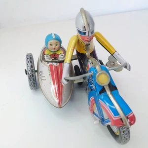 Vintage OSH Japan Tin Toy Motorcycle w/Sidecar - Strong Wind-Up 1950s Collector! - Picture 1 of 6