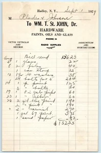 RICEVUTA BOLLLHEAD EPHEMERA WM T St John Dr Hardware Hadley New York 9/1 1929 - Foto 1 di 2