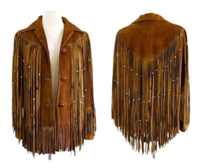 Women Brown Western Style Suede Leather Jacket Long Fringes With Beads - Picture 1 of 6
