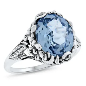 ART NOUVEAU STYLE CLASSIC 925 STERLING SILVER 7 Ct SIMULATED AQUAMARINE RING 550 - Picture 1 of 40