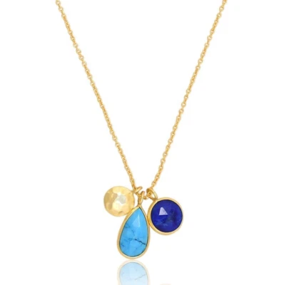 Gold Plated Multi Charm Chain Pendent & Necklace Natural Lapis Turquoise Jewelry - Image 1 of 4
