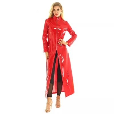 Women's PVC Leather Jackets Shiny Gothic Nightclub Zipper Biker Long Trench Coat - Image 1 of 4