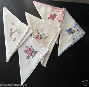 5 ANTICHI FAZZOLETTI DONNA COTONE FINE RICAMO PIZZO LOTTO MISTO VEDI DETTAGLI - Picture 1 of 1