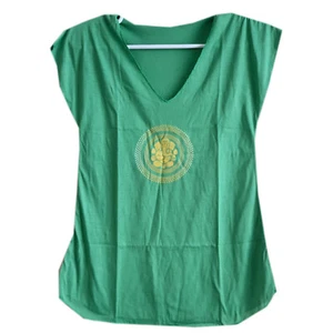 Womens Cotton T Shirt Ganesha Print V-Neck Yoga, Casual Green Tee Top L-24" - Picture 1 of 3