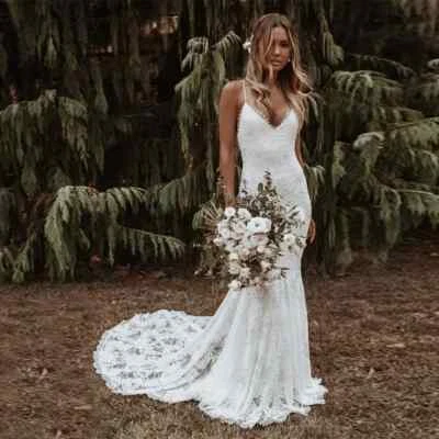 Bridal V-Neck Spaghetti Straps Backless Lace Mermaid White Wedding Dresses - Image 1 of 4