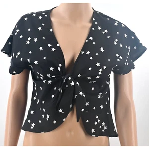 By Together Black Star Cropped Front Tie Ruffle Sleeve Women Sm Twee Kawaii - Picture 1 of 9