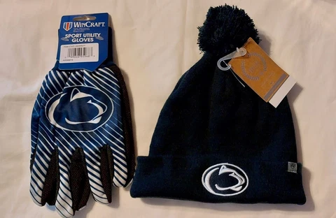 PSU PENN STATE NITTANY LOINS GLOVES & POM BEANIE HAT SET Cover