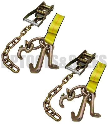 GENERIC (2 Pack) 2" CHAIN RATCHET STRAPS w RTJ TIE DOWN ROLL BACK TOW TRUCK CAR HAULER