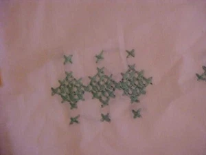 PILLOWCASE, GREEN SQUARES, ADDED GREEN CROCHET, SINGLE CROSS STITCH - Picture 1 of 3