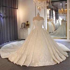 Luxurious Pearls Lace Wedding Dress Ball Gown Custom made Church Royal Train New - Picture 1 of 7