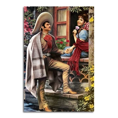 Cowboy Visits Beloved Girl Canvas Art Print Mexican Romantic Poster Wall Decor - Image 1 of 4