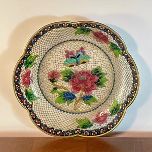 Plique a Jour Cloisonné Plate Dish BUTERFLY Translucent Pink Florals China - Picture 1 of 8