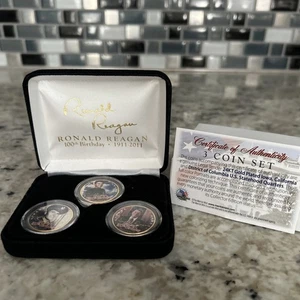 RONALD REAGAN *100º cumpleaños* Juego de 3 monedas de cuartos chapados en oro de 24 quilates vida y tiempos - Imagen 1 de 5
