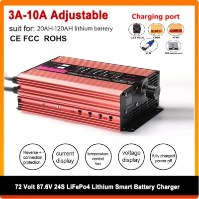 Carregador de bateria 72 volts 87.6V 24S LiFePo4 lítio EBike corrente ajustável 3-10A - Imagem 1 de 4