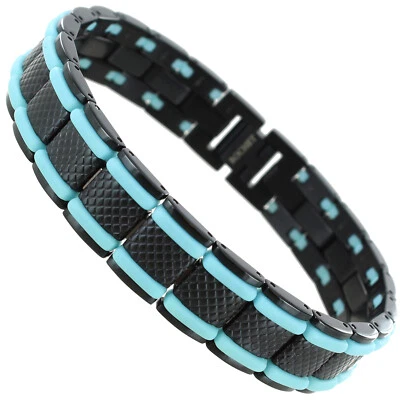 Rochet Roma Moto GP IP Black Steel W/ Blue Inserts Mens Adjustable Bracelet  - Image 1 of 4