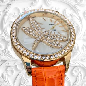 Strada Crystal Dragonfly Women's Watch Orange Band Water Resistant New In Box - Picture 1 of 12