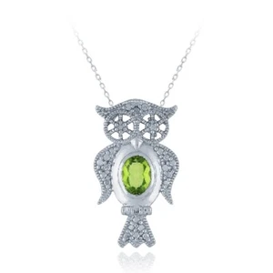 925 Silver .9ct Peridot & Diamond Accent Owl Necklace, 18" - Picture 1 of 6